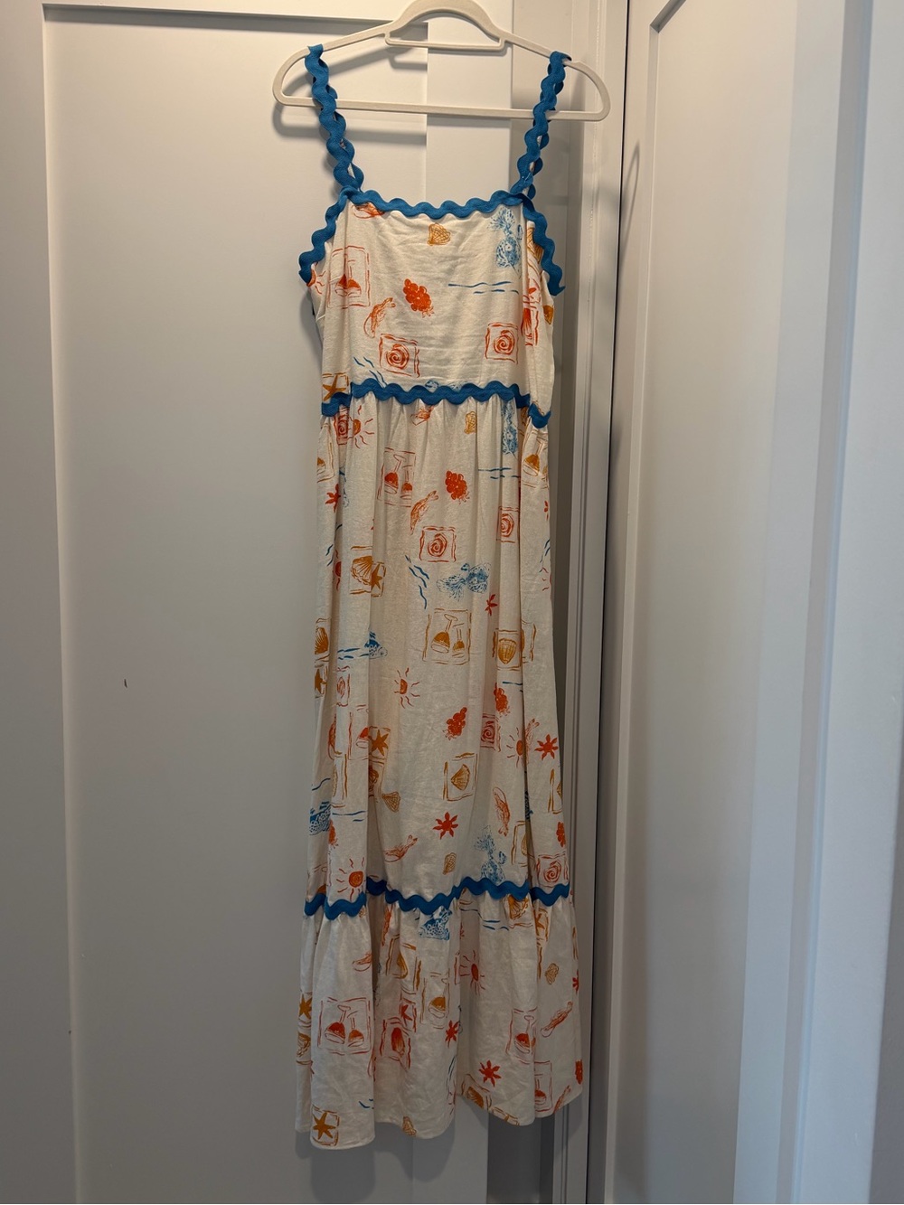 CeCe Cream Maxi Dress with Blue Trim and Orange Print
